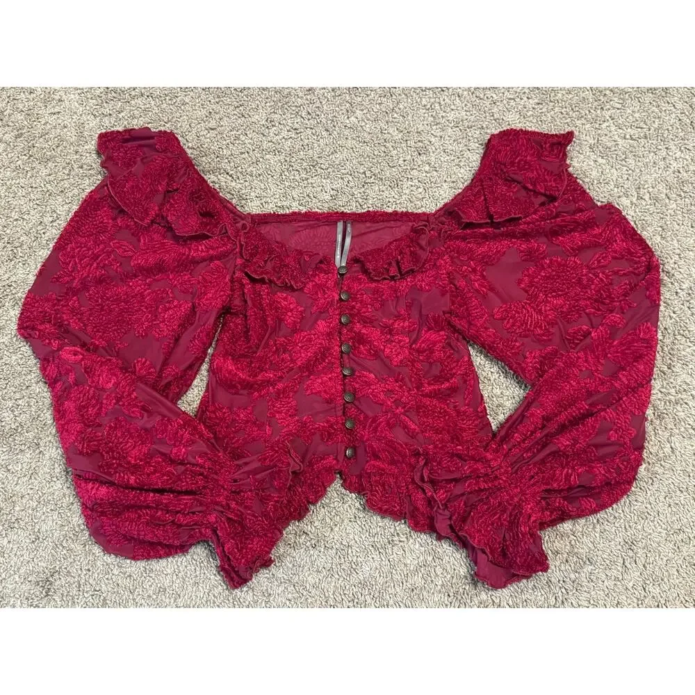 Anthropologie Red Velvet Burnout Peasant Blouse Romantic Cottagecore Top Sz S